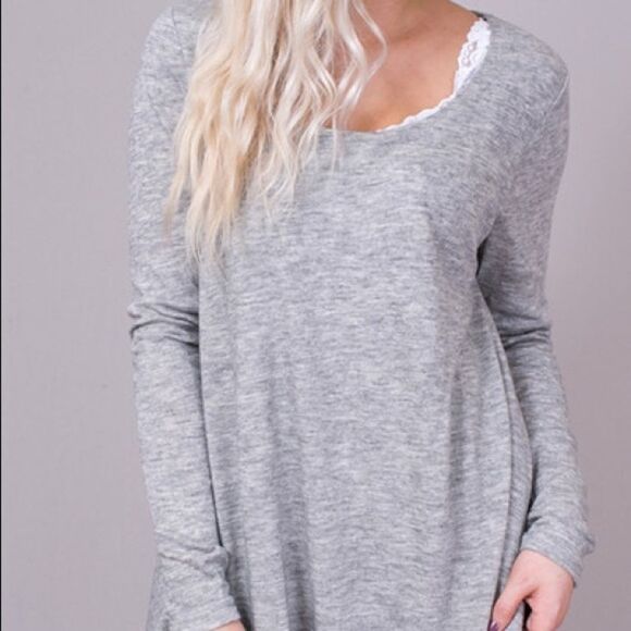 Umgee Heather Grey chiffon Layered Flare Tunic - Picture 3 of 8